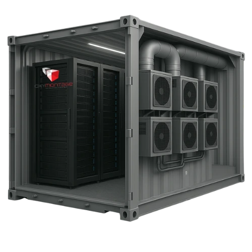 Vue intérieure de plusieurs serveurs informatiques aménagés dans un containeur équipé spécifiquement de ventilation